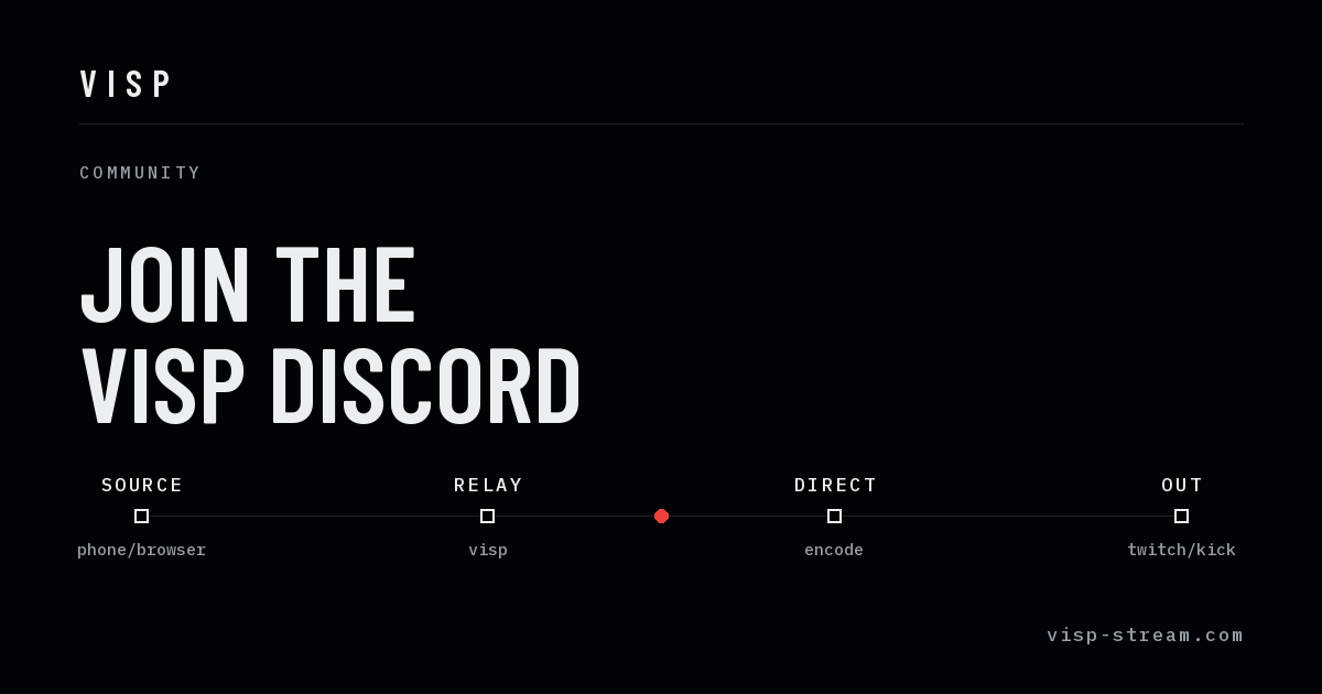 The VISP level-meter mark above a hairline signal chain, with the headline Join the VISP Discord