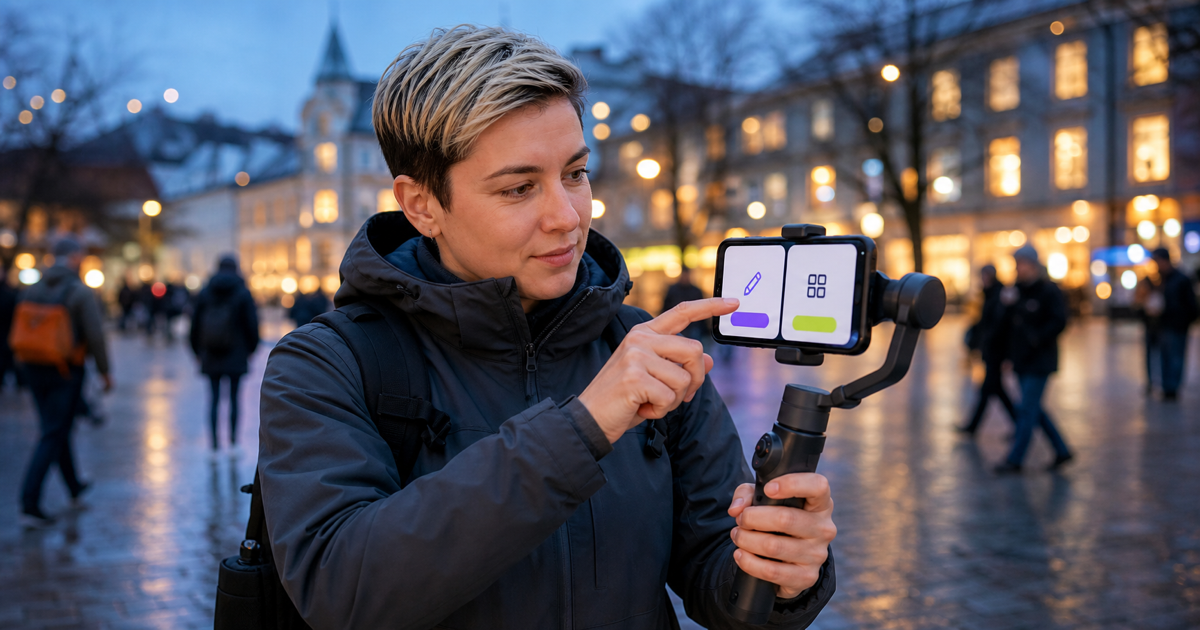 An IRL creator in a city square taps a text-free stream-information interface on a phone mounted to a handheld gimbal