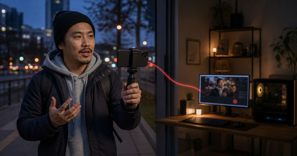 IRL-kuvaaja käyttää puhelinta hämärässä samalla kun kotistudion tietokone tallentaa saapuvaa kamerasyötettä
