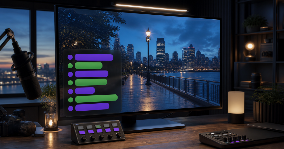 A home broadcast monitor shows blank purple and green chat rows layered over an IRL city camera feed