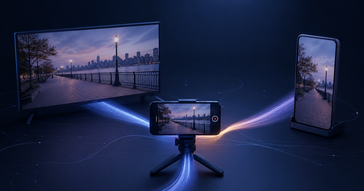 One phone camera sends a landscape live stream to a wide display and a portrait crop to a vertical display