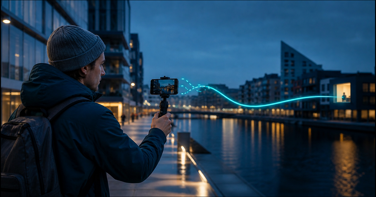 An outdoor creator films with a phone while a broken cyan signal path reconnects and continues toward a distant viewer