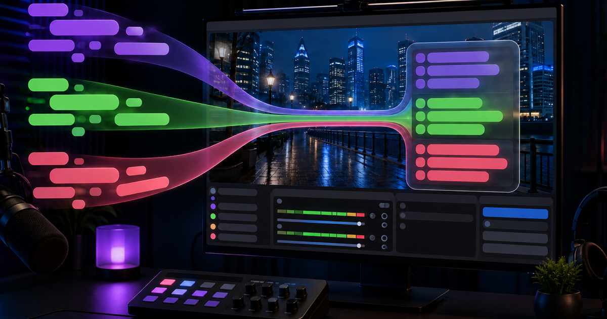 Three purple, green, and coral chat feeds converge into one translucent panel over a night city stream in a home studio