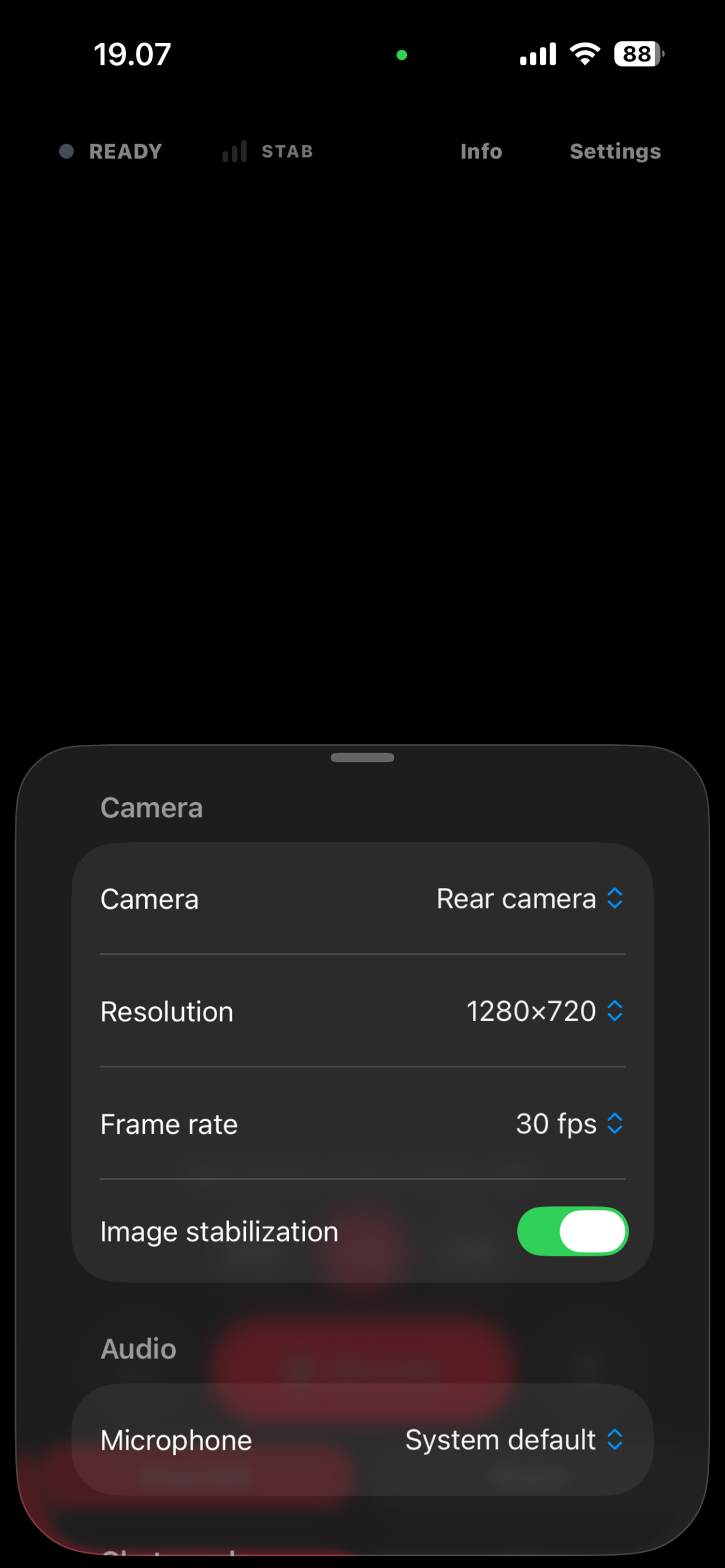 Camera settings — resolution, frame rate, relay